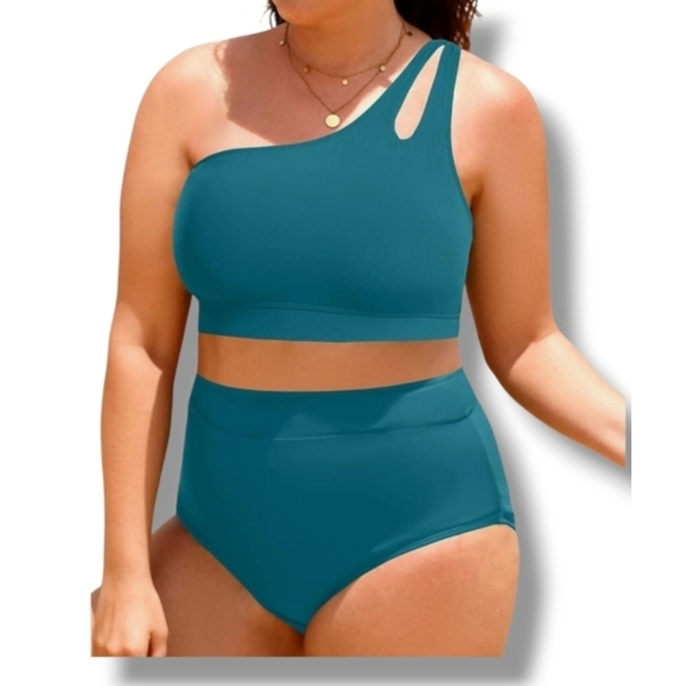TEMPT ME - 20 Plus Teal One-Shoulder Two Piece Swimwear - Picture 3 of 14